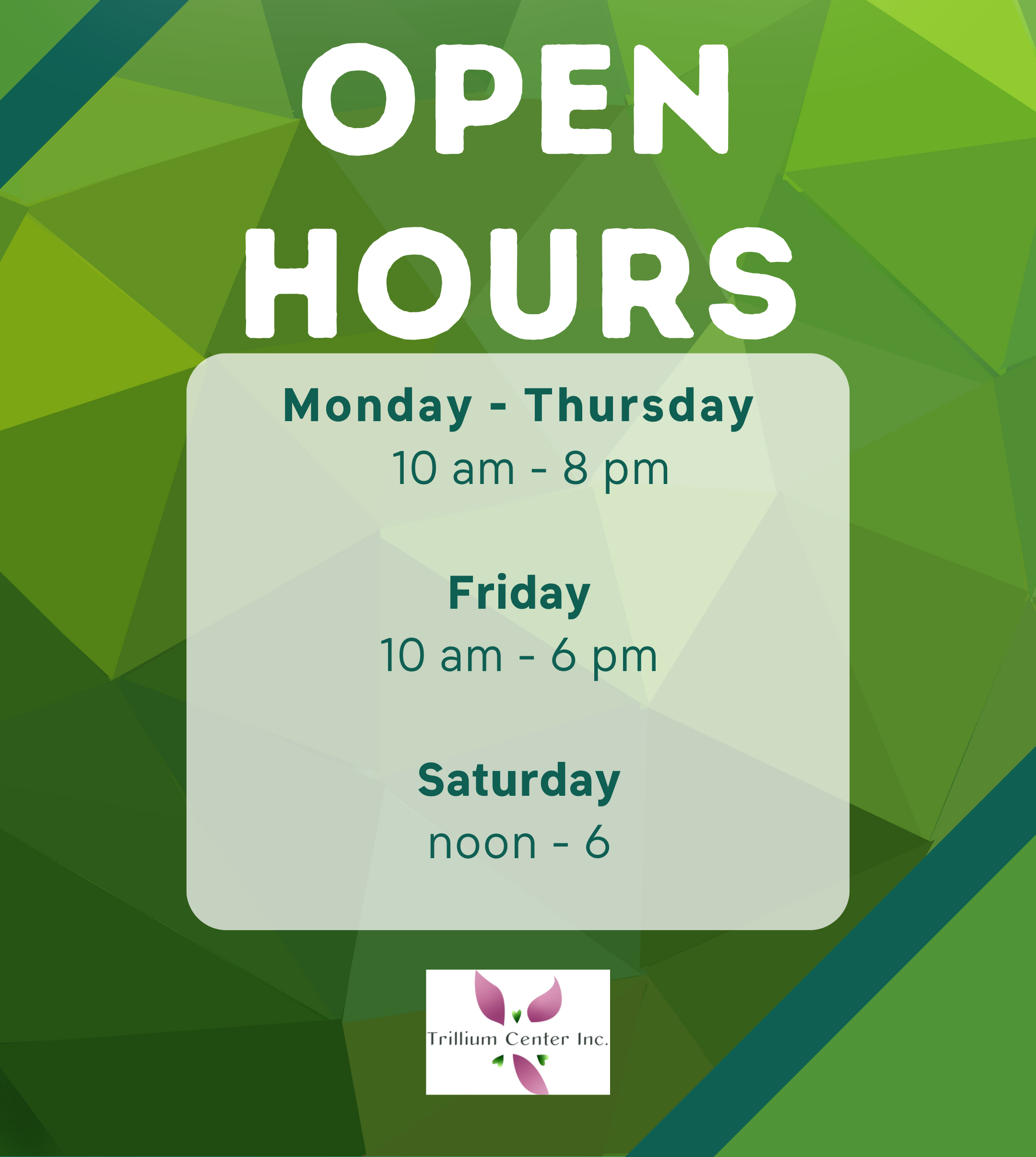 Open hours: Monday-Thursday 10am-8pm, Friday 10am-6pm, Saturday 12pm-6pm